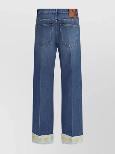 Valentino Heart Court Straight Jeans With Embroidered Hem In Blue