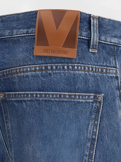 Valentino Heart Court Straight Jeans With Embroidered Hem In Blue