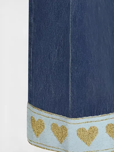 Valentino Heart Court Straight Jeans With Embroidered Hem In Blue