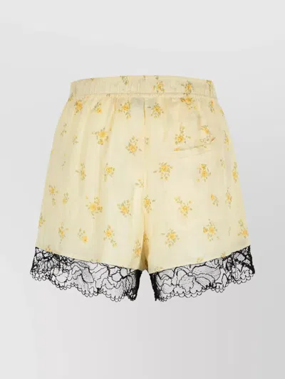 Ganni Viscose Shorts With Floral Pattern And Lace Trim In Yellow