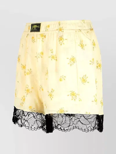 Ganni Viscose Shorts With Floral Pattern And Lace Trim In Yellow