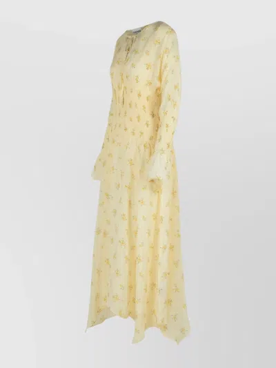 Ganni Viscose Dress With Asymmetric Hem And Floral Pattern In Yellow