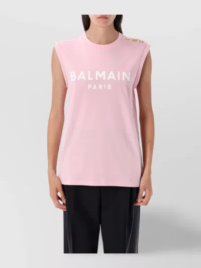 Balmain Logo Button Crew Neck Sleeveless Top In Pink