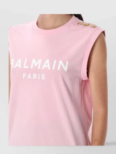 Balmain Logo Button Crew Neck Sleeveless Top In Pink