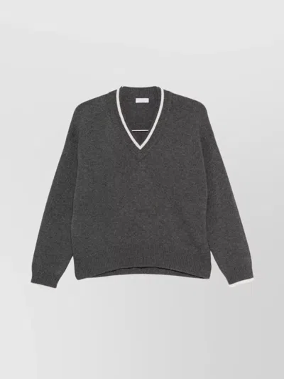Brunello Cucinelli Ribbed Cashmere V-neck Sweater With Contrast Trim In Gray