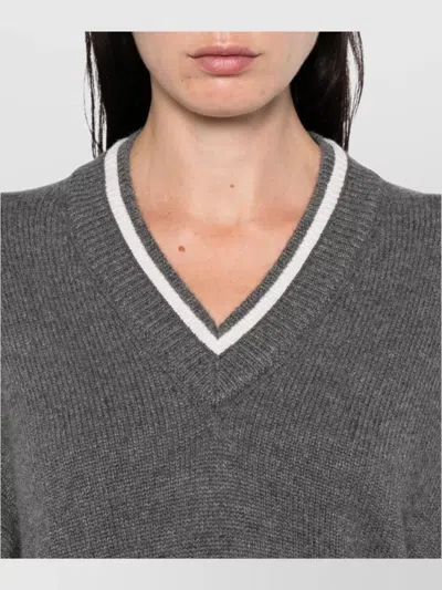 Brunello Cucinelli Ribbed Cashmere V-neck Sweater With Contrast Trim In Gray