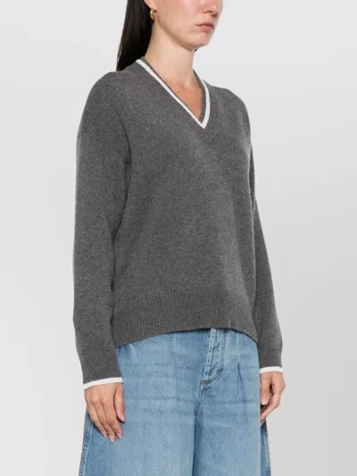 Brunello Cucinelli Ribbed Cashmere V-neck Sweater With Contrast Trim In Gray