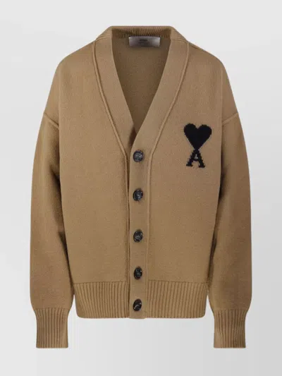 Ami Alexandre Mattiussi Ami Adc Cardigan V Neck Felted Merino In Brown