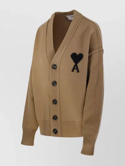 Ami Alexandre Mattiussi Ami Adc Cardigan V Neck Felted Merino In Brown