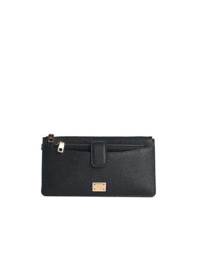 Dolce & Gabbana Leather Cardholder With Textured Finish And Gold-tone Hardware In Black