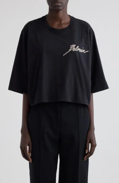 Balmain Crystal Signature Crop Cotton T-shirt