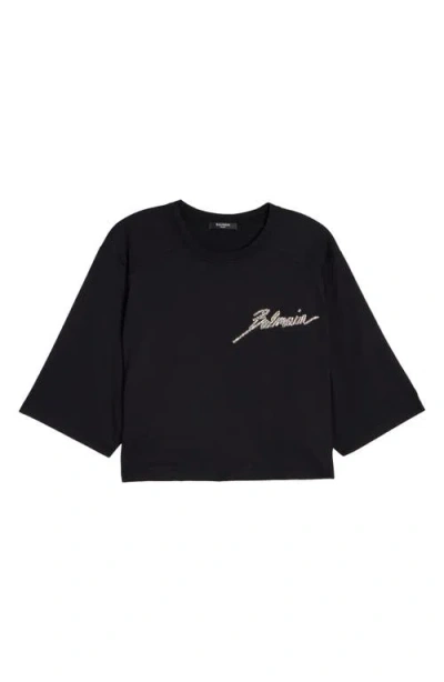 Balmain Crystal Signature Crop Cotton T-shirt