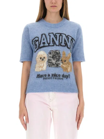 Ganni Light Blue Crewneck T-shirt With Maxi Logo Embroidery On The Front In Blue