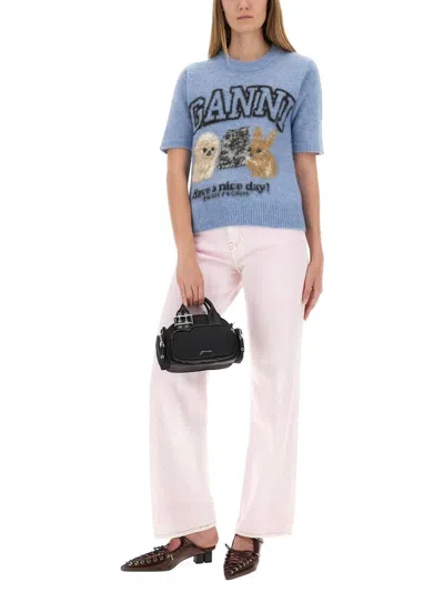 Ganni Light Blue Crewneck T-shirt With Maxi Logo Embroidery On The Front In Blue
