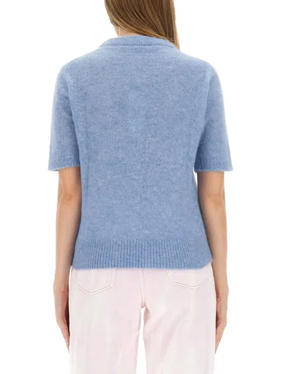 Ganni Light Blue Crewneck T-shirt With Maxi Logo Embroidery On The Front In Blue