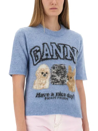 Ganni Light Blue Crewneck T-shirt With Maxi Logo Embroidery On The Front In Blue