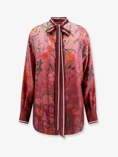 Gucci Silk Shirt With Flora Print And Tie Bow In Red