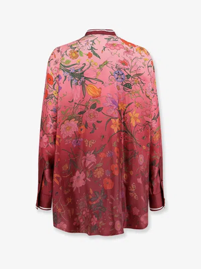 Gucci Silk Shirt With Flora Print And Tie Bow In Red