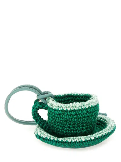 Jw Anderson Teacup Leather-trimmed Crocheted Bag Charm In Green