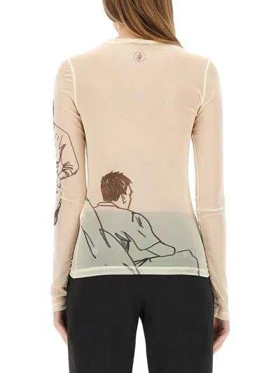 Jw Anderson Sheer Graphic Print Top With Long Sleeves In White