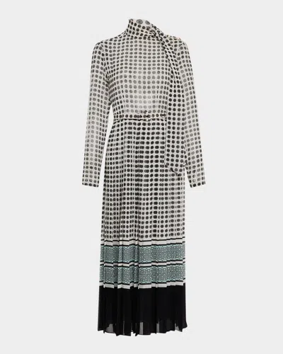 Monique Lhuillier Scarf-neck Pleated Midi Day Dress With Belt