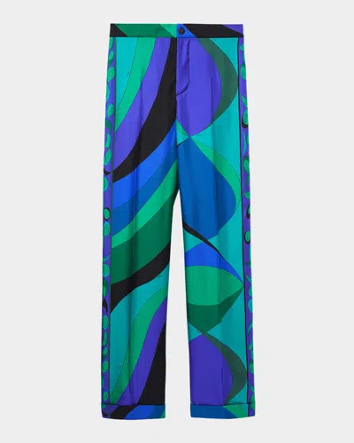 Pucci Pesci-print Silk Twill Straight-leg Pants In Blue