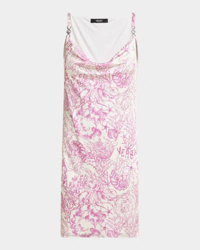 Versace Underwater Barocco Liquid Jersey Cowl-neck Mini Dress In Pink