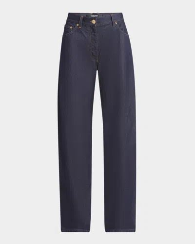 Versace High-rise Indaco Dark Wash Denim Barrel-leg Pants In Blue
