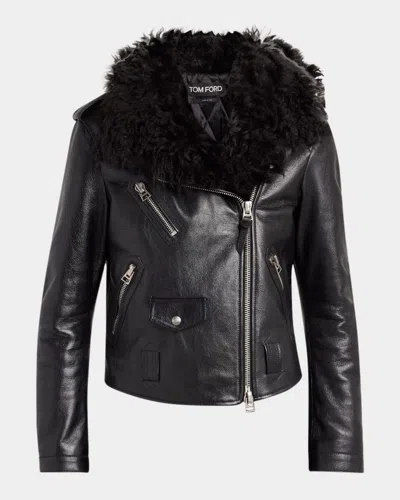 Tom Ford Curly Sheep Shearling Collar Leather Biker Jacket