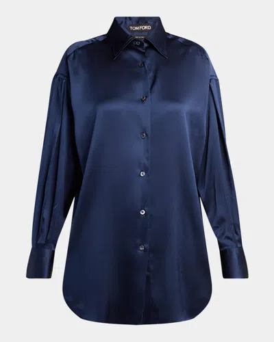 Tom Ford Collared Neck Satin Finish Long Sleeves In Blue