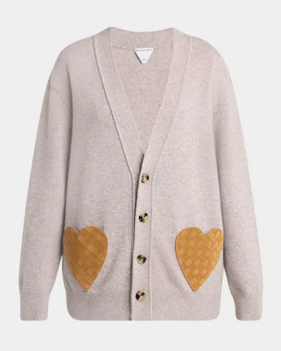 Bottega Veneta Cashmere Blend Cardigan With Intrecciato Suede Hearts In Neutral