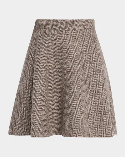 Brunello Cucinelli Carded Wool Herringbone Mini Circle Skirt In Neutral