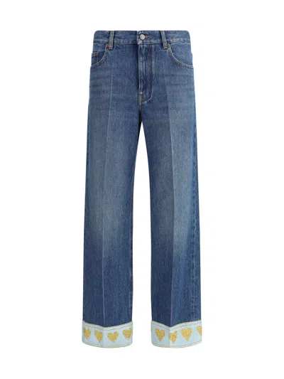 Valentino Heart Court Straight Jeans With Embroidered Hem In Blue