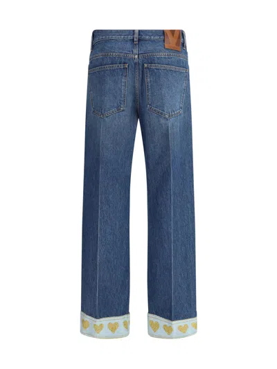Valentino Heart Court Straight Jeans With Embroidered Hem In Blue