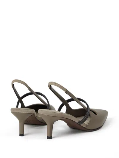 Brunello Cucinelli Grey Nappa Leather Shiny Strap City Slingback