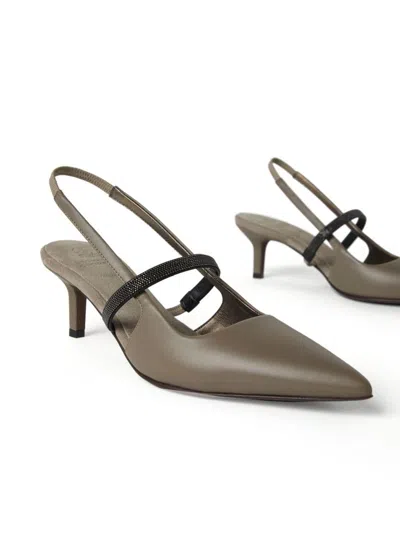 Brunello Cucinelli Grey Nappa Leather Shiny Strap City Slingback