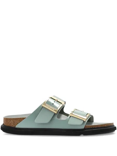 Birkenstock Contoured Leather Sandals With Adjustable Metallic Buckles In Green