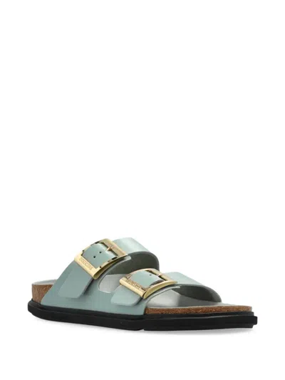 Birkenstock Contoured Leather Sandals With Adjustable Metallic Buckles In Green