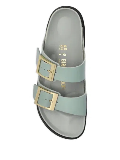Birkenstock Contoured Leather Sandals With Adjustable Metallic Buckles In Green