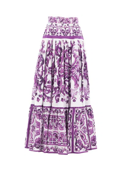 Dolce & Gabbana Violet Long Skirt With Ruffle Hem And All-over Floral Motif In Cotton Woman In Purple
