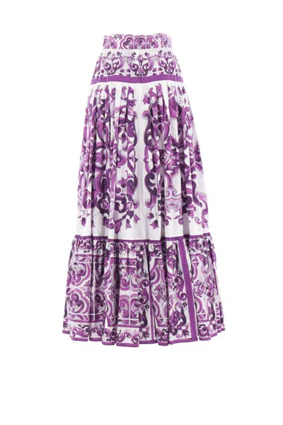Dolce & Gabbana Violet Long Skirt With Ruffle Hem And All-over Floral Motif In Cotton Woman In Purple