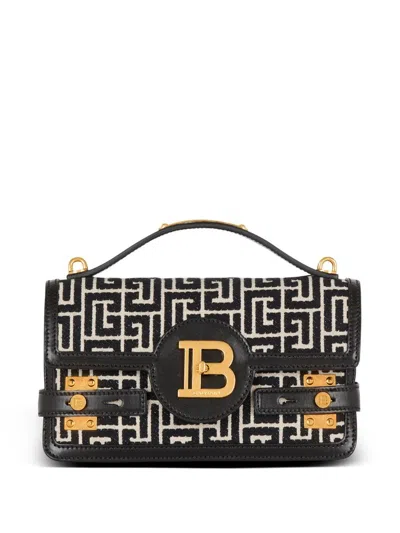 Balmain B-buzz Shoulder 24 Bag In Calfskin And Pb Jacquard Canvas
