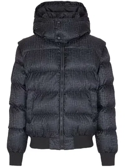 Balmain Short Nylon Jacquard Down Jacket With Black Monogram Men In Blue