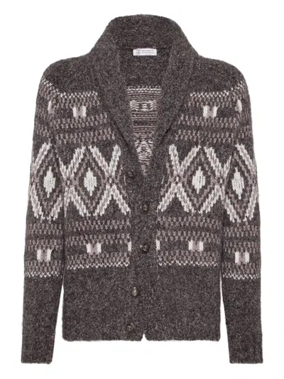 Brunello Cucinelli Wool Cardigan V-neck Geometric Pattern