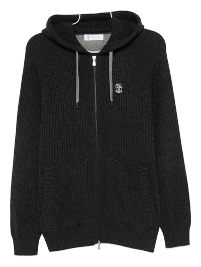 Brunello Cucinelli Cashmere Zip-up Hoodie Featuring Drawstring Hood In Black