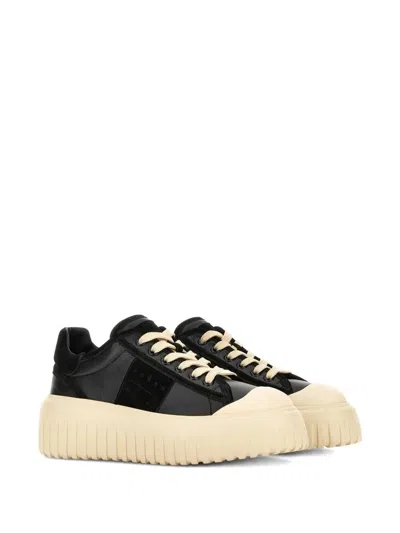 Hogan Leather And Suede Sneakers With Contrasting Sole In Black