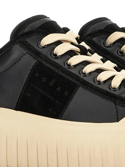 Hogan Leather And Suede Sneakers With Contrasting Sole In Black