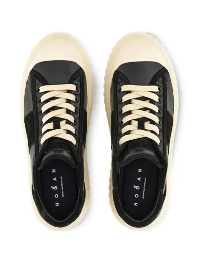Hogan Leather And Suede Sneakers With Contrasting Sole In Black