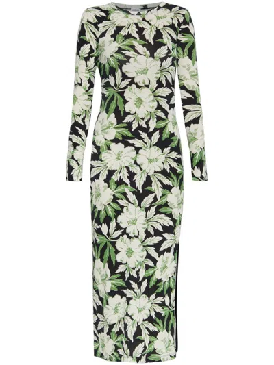 Loewe Crew Neck Floral Long Sleeve Side Slit Stretch Dress