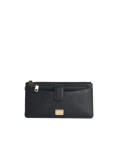 Dolce & Gabbana Leather Cardholder With Textured Finish And Gold-tone Hardware In Black